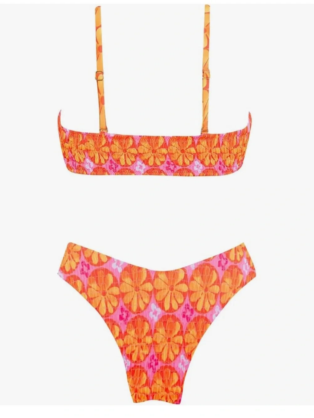 VOLAFA Pink and Orange Floral Smocked Textured Scoop Print Ruched Bikini Set